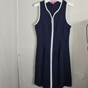 Besty Johnson  Navy Zip Front White Trim Pleated Dress